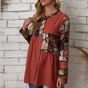 Abstract Color Block Blouse with mock neck. Polyester & Linen Blend.